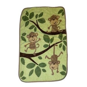 Carters 3 Monkeys Leaves Tree Green Brown Baby Blanket Security Lovey Vtg Kids